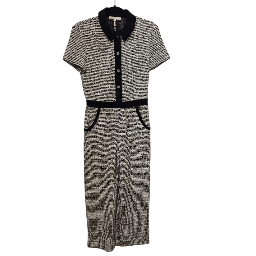 Maje Penala Tweed Jumpsuit Cropped Black & White Size 38/US  Medium MSRP $445 - Picture 7 of 8